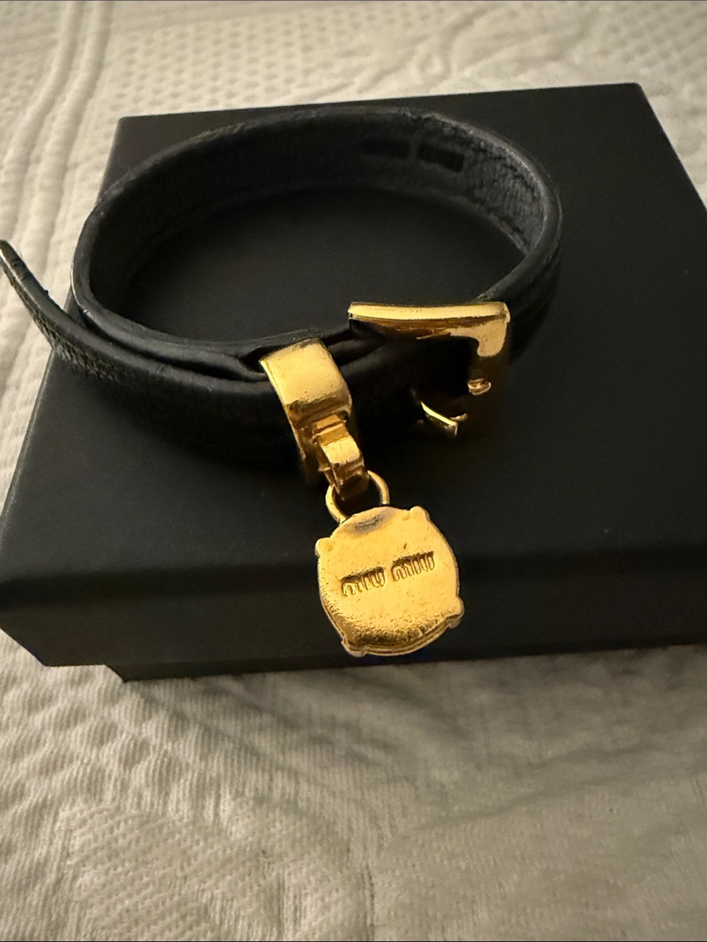 Miu Miu Black Leather Bracelet with Gold Hardware and Crystal Charm - Picture 3 of 7